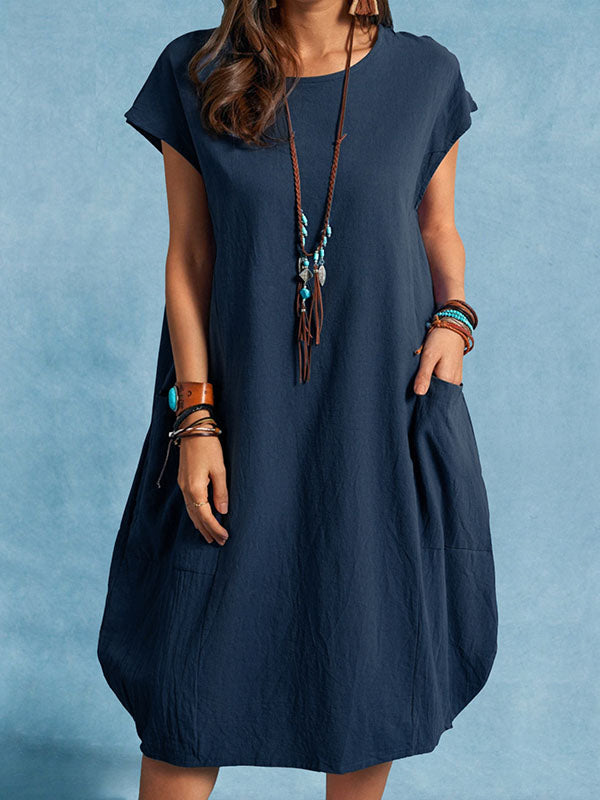 Katoenen Linnen Casual Losse Effen Kleur Pocket Jurk