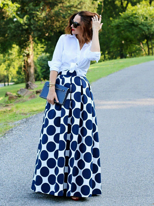 Elegante Franse Stijl Retro Hoge Taille Polka Dot Maxi Rok