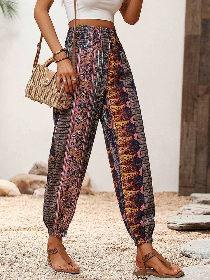Dames Harem Broeken Bohemian Olifantenprint Loose Fit Elastische Taille Ademend Katoen