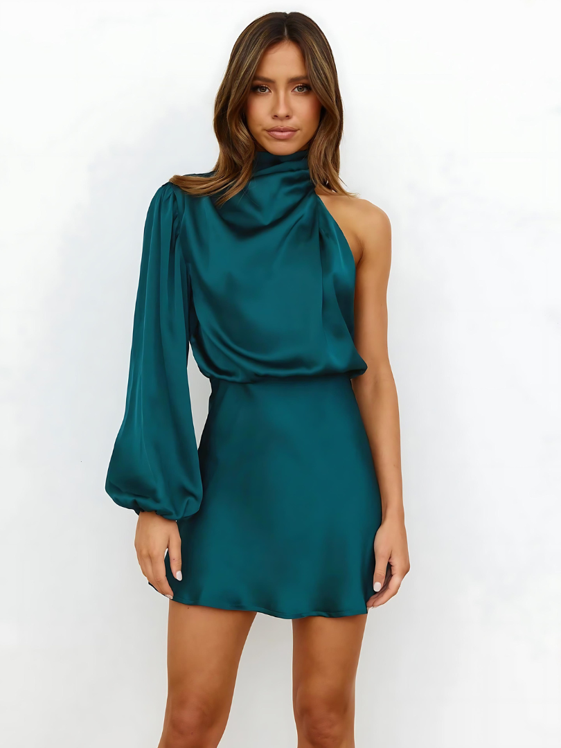 Jurk Satijn One Shoulder Groen Met Luxe Pasvorm Feest