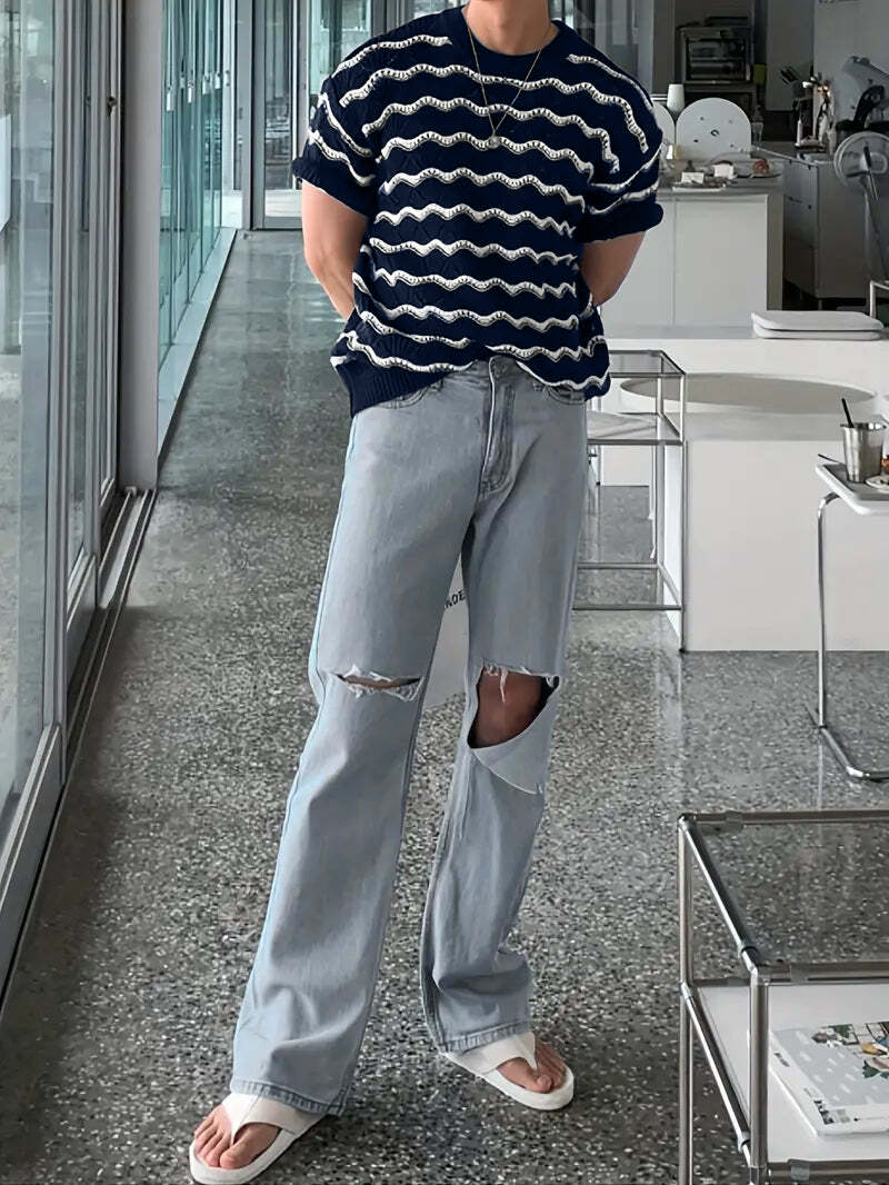 Risacca Ripple Patroon Gebreide T-Shirt voor Dames en Heren