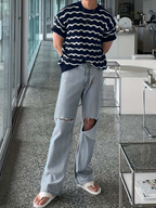 Risacca Ripple Patroon Gebreide T-Shirt voor Dames en Heren