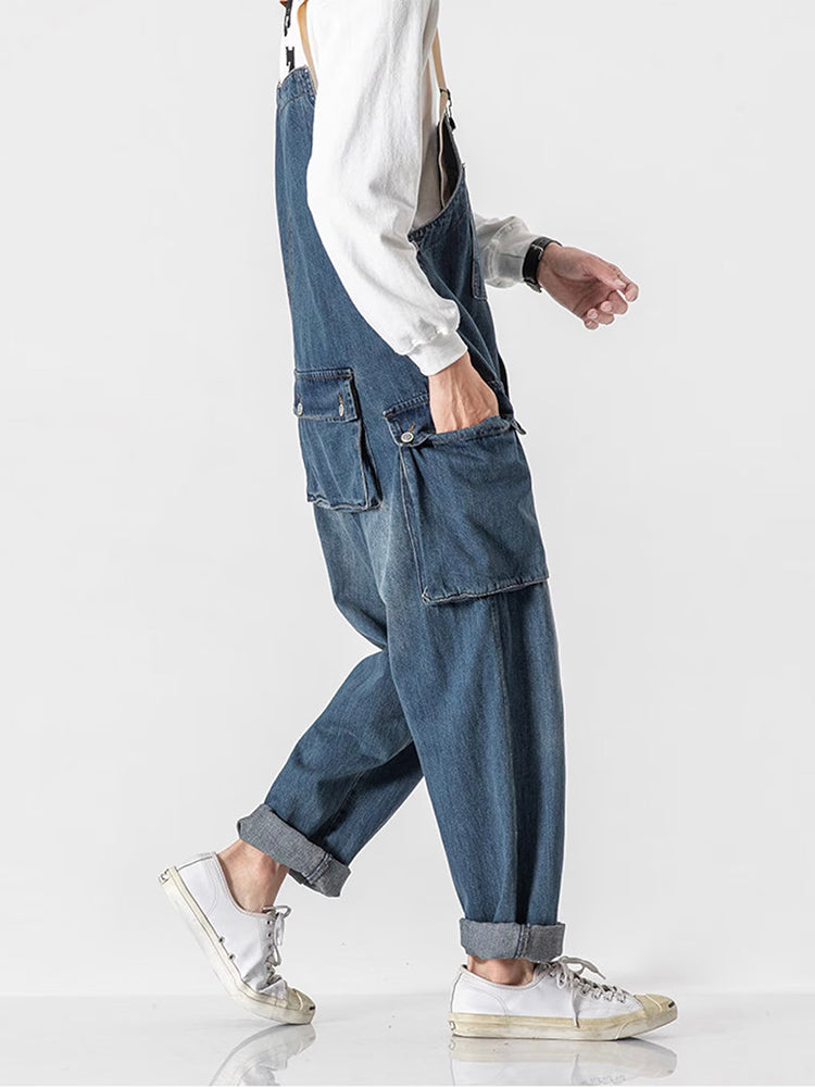 Versleten Denim Draagriemen Multi-Pocket Overalls