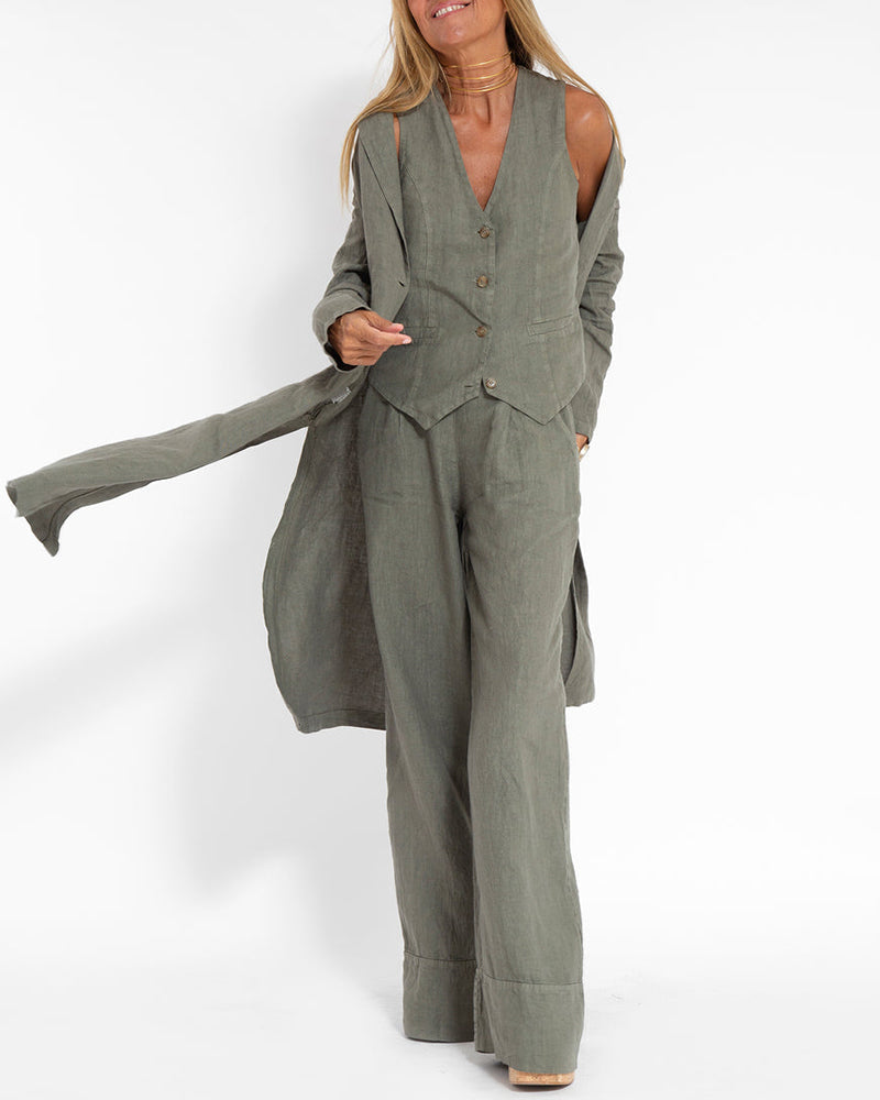 Elegante 2-Delige Set Linnen Wijde Broek En Vest Voor Dames