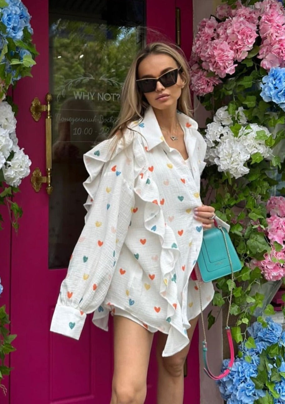 Francesca Set Hartprint Katoenen Overhemd en Shorts Set Chic