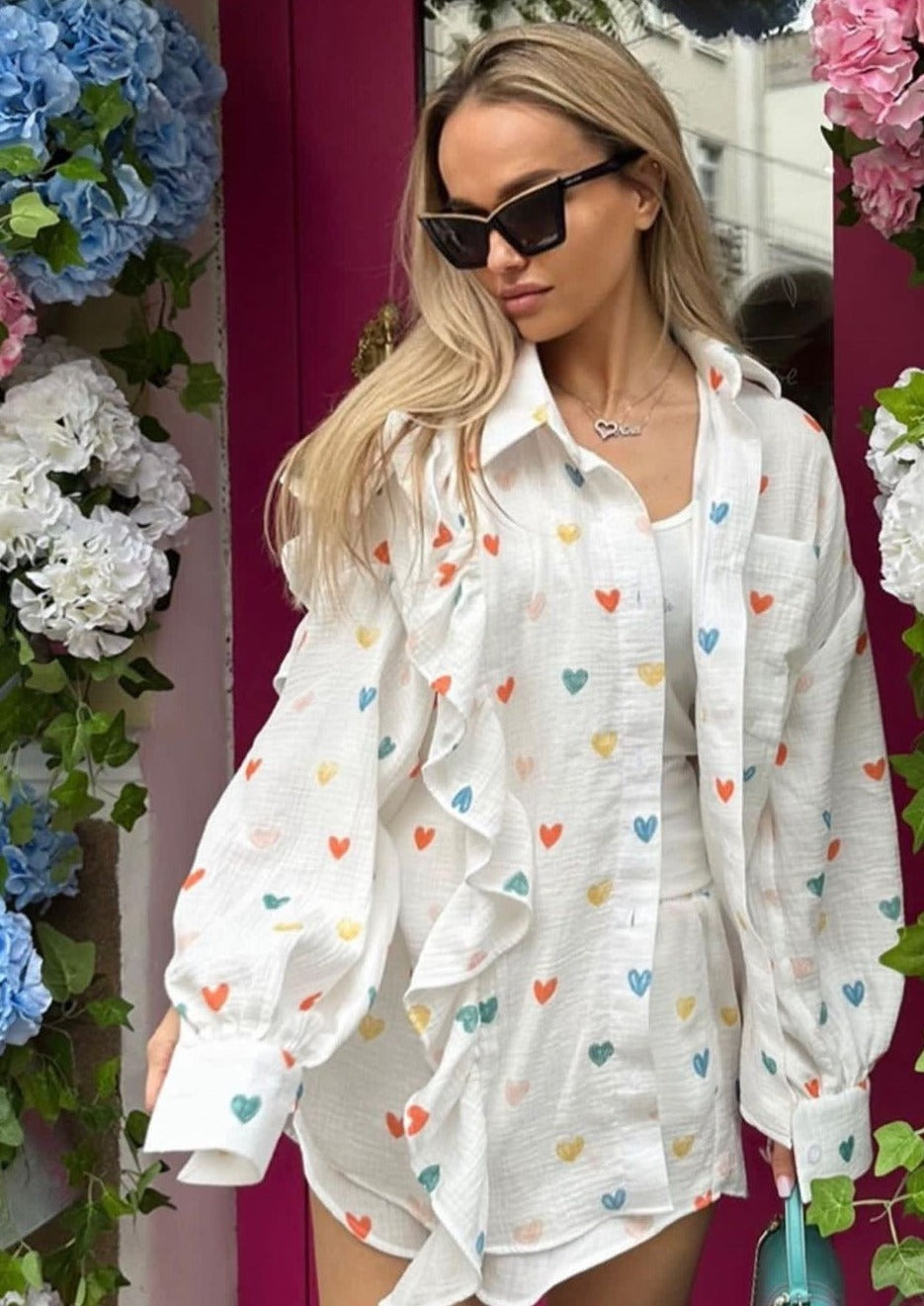 Francesca Set Hartprint Katoenen Overhemd en Shorts Set Chic
