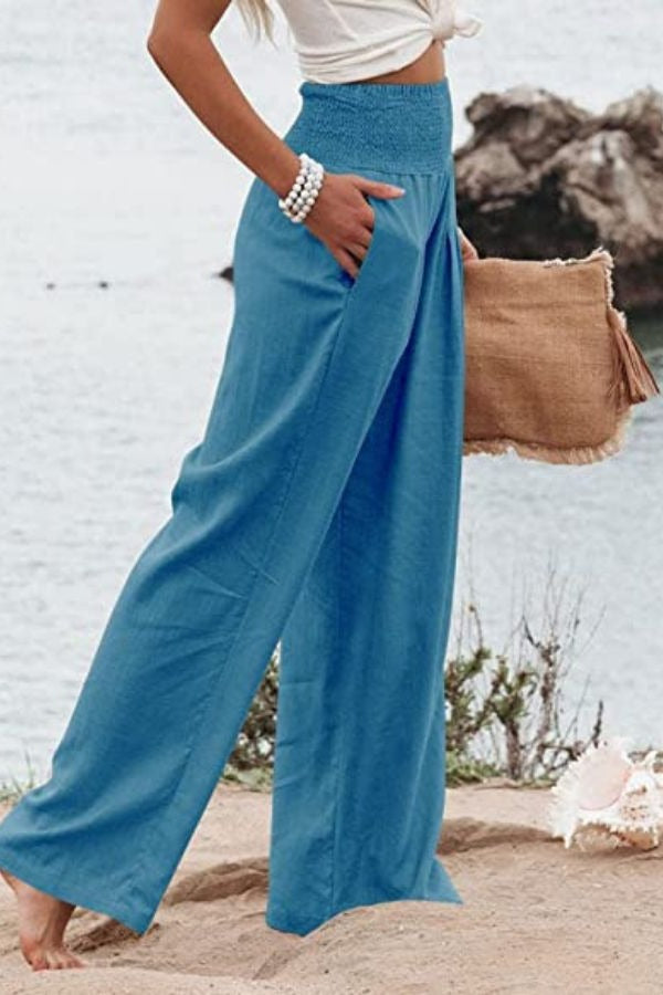 Dames Wijde Pantalon Hoge Taille met Smock Lichtgewicht en Vloeiende Pasvorm voor Comfortabele Casual en Formele Gelegenheden