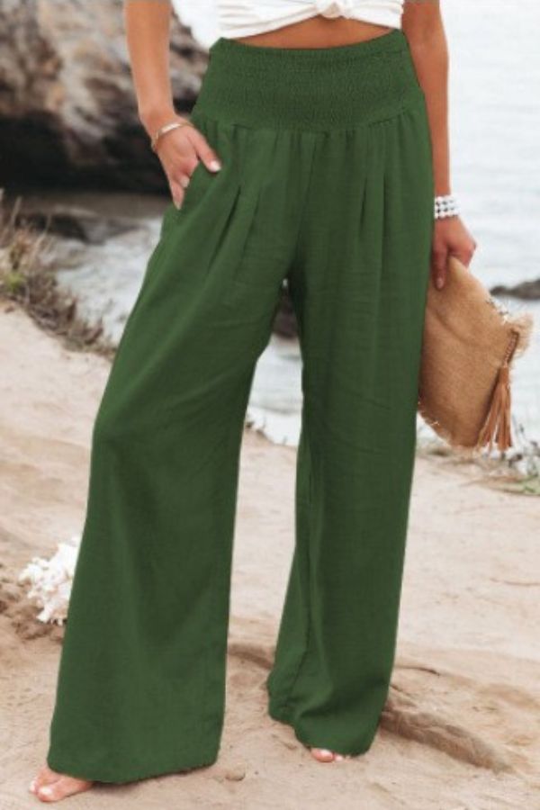 Dames Wijde Pantalon Hoge Taille met Smock Lichtgewicht en Vloeiende Pasvorm voor Comfortabele Casual en Formele Gelegenheden