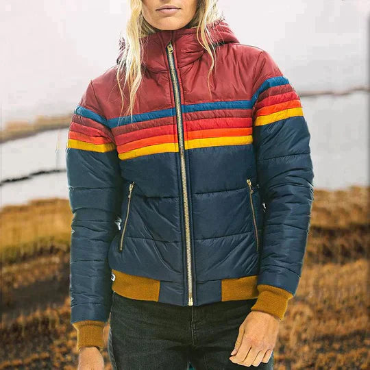 Pufferjack Retro Kleurblok Vrouwen Warme Winterjas Vintage