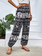 Dames Harem Broeken Bohemian Olifantenprint Loose Fit Elastische Taille Ademend Katoen