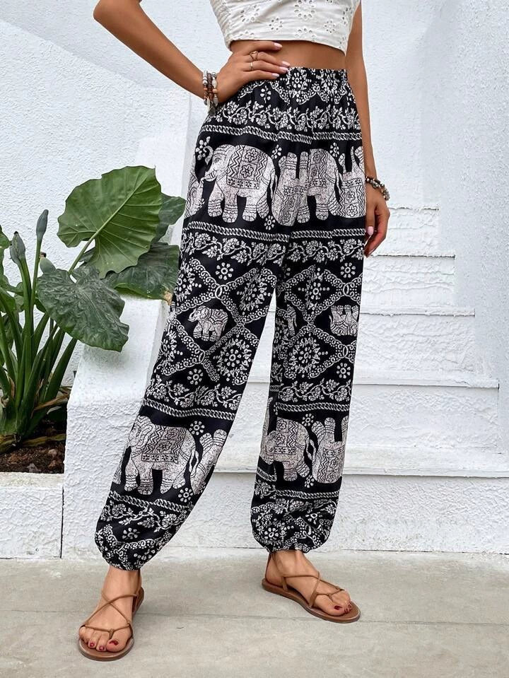 Dames Harem Broeken Bohemian Olifantenprint Loose Fit Elastische Taille Ademend Katoen