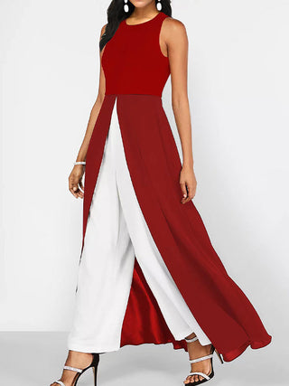 Patchwork Crew Neck Mouwloze Jumpsuit