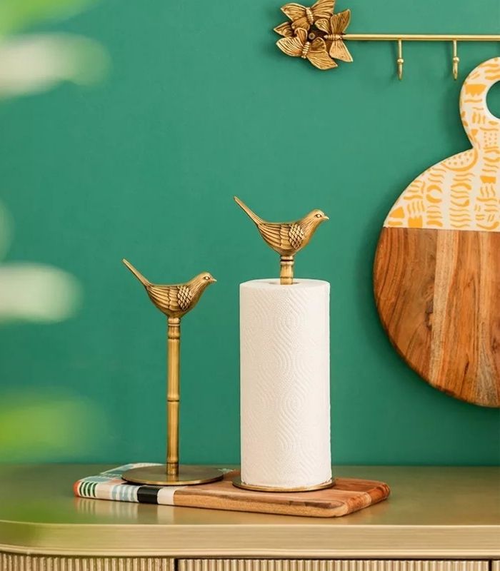 Elegante papieren handdoekhouder van massief messing – charmant vogelontwerp