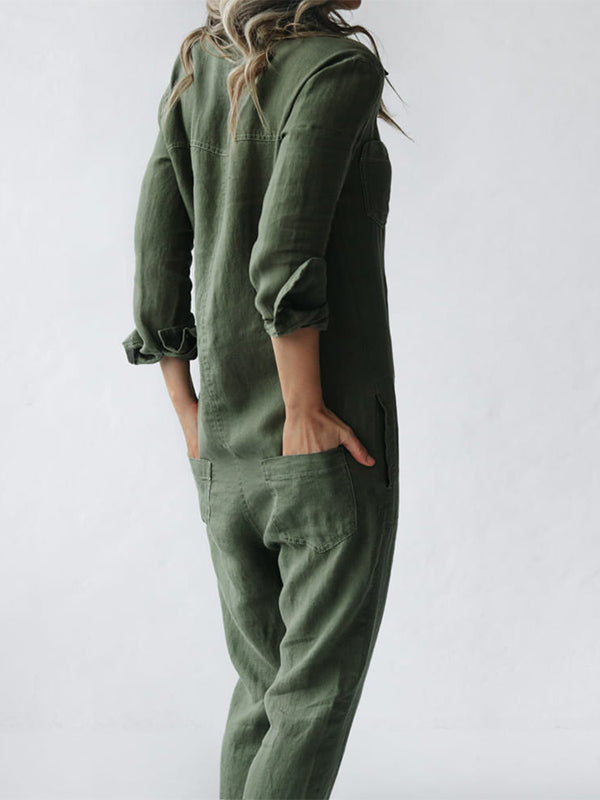 Knopen Casual Revers Zak Lange Mouwen Jumpsuit