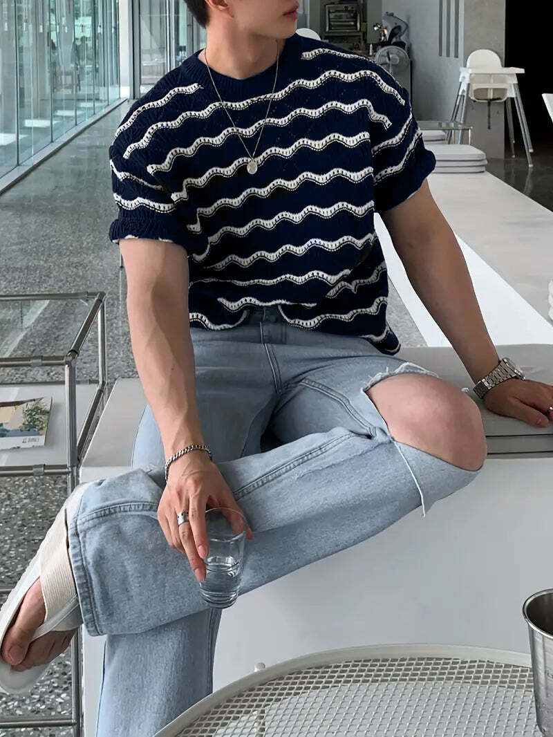 Risacca Ripple Patroon Gebreide T-Shirt voor Dames en Heren