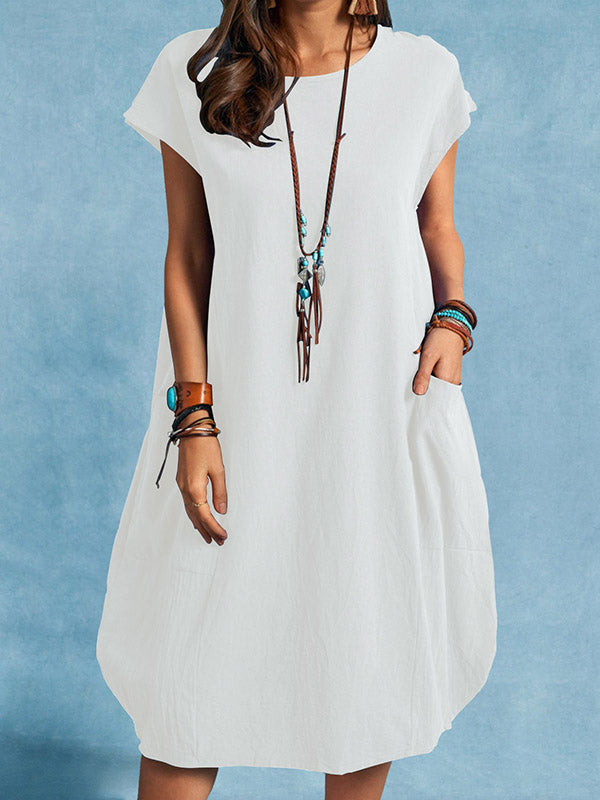 Katoenen Linnen Casual Losse Effen Kleur Pocket Jurk
