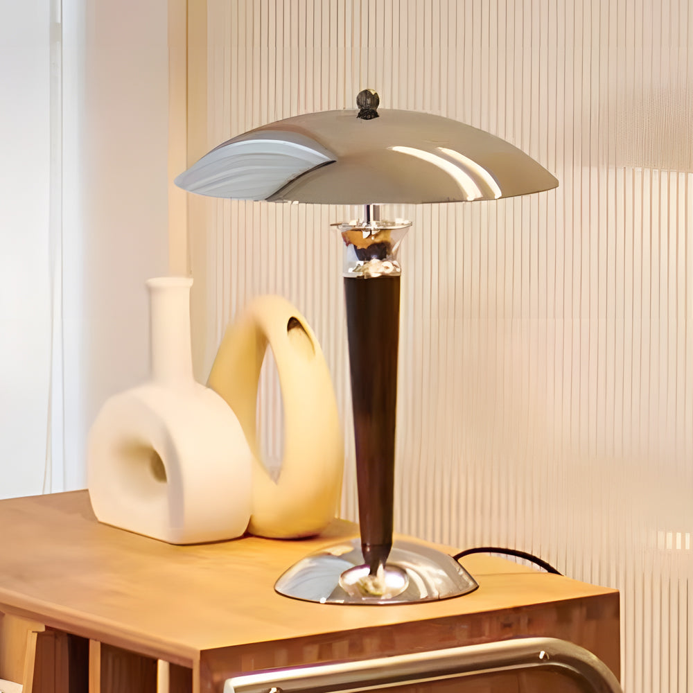 Vintara I Retro Paddenstoel Tafellamp – Chroom en Hout met Dimmer