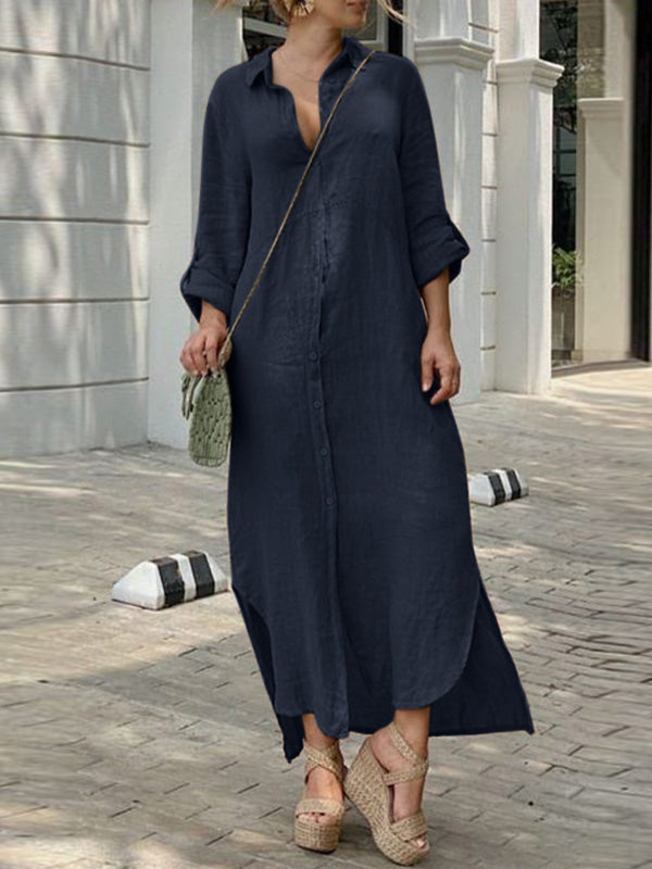 Casual Effen Overhemd Kraag Knopen Jurk