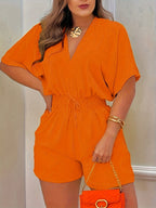 V-hals Korte Mouwen Romper Geplooide Taille Jumpsuit voor Dames Lente en Zomer Mode