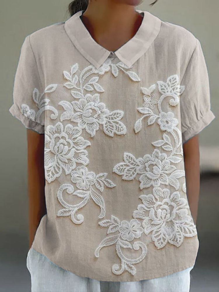 Vintage Gedrukt Blouse Met Bloemen Borduursels Voor Dames