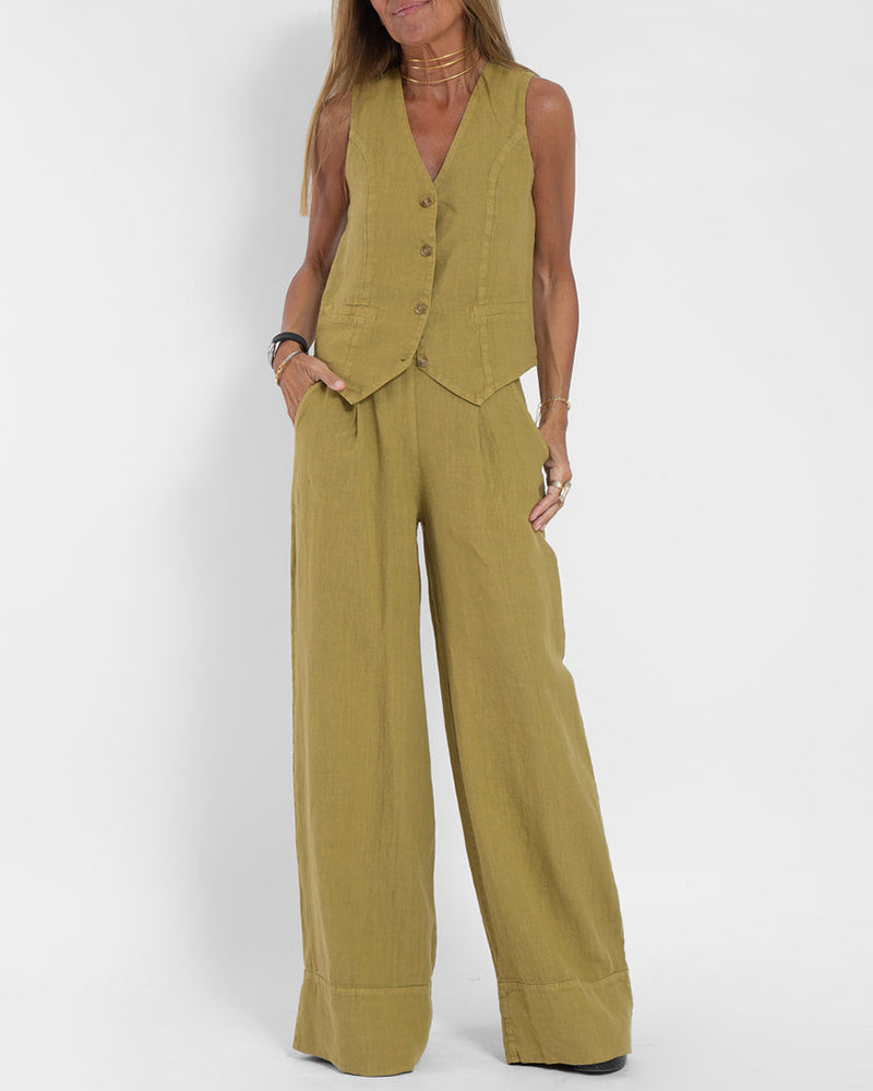 Elegante 2-Delige Set Linnen Wijde Broek En Vest Voor Dames