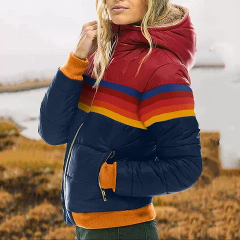 Pufferjack Retro Kleurblok Vrouwen Warme Winterjas Vintage