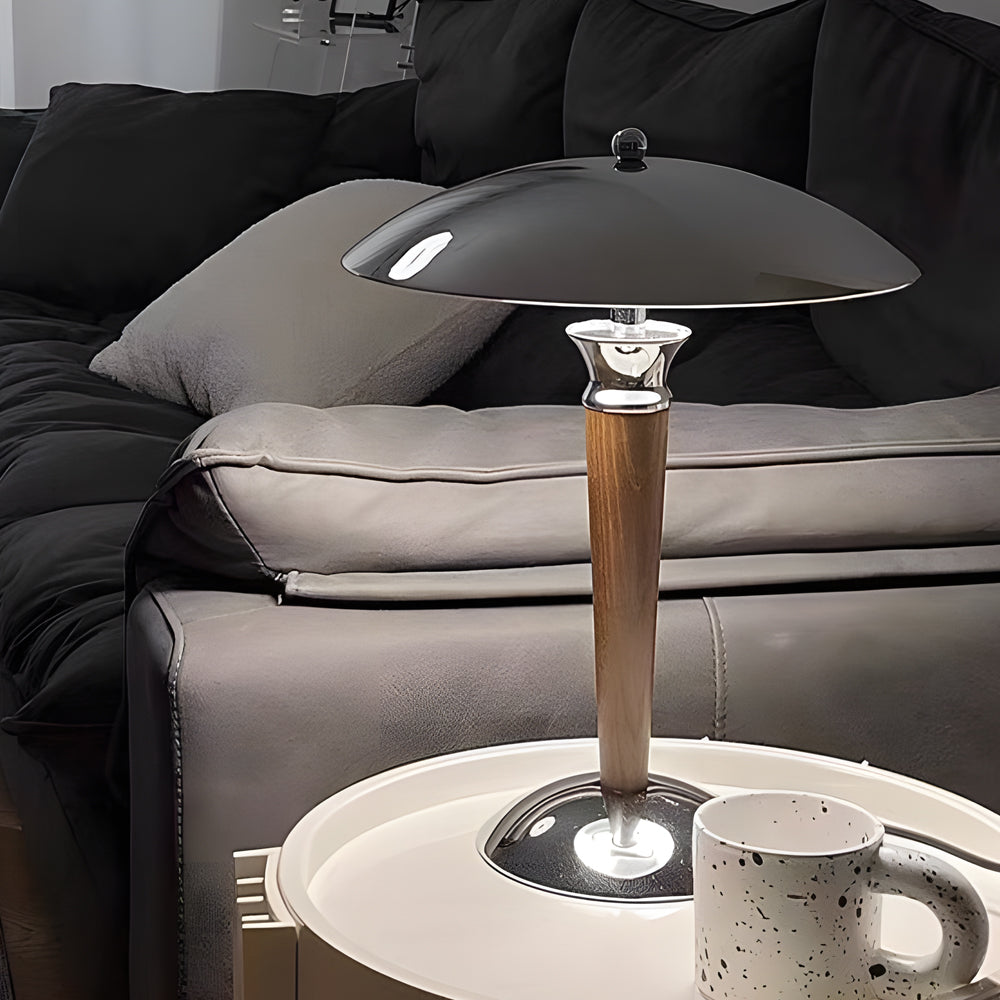 Vintara I Retro Paddenstoel Tafellamp – Chroom en Hout met Dimmer