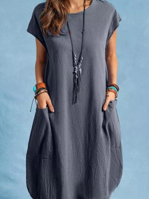 Katoenen Linnen Casual Losse Effen Kleur Pocket Jurk