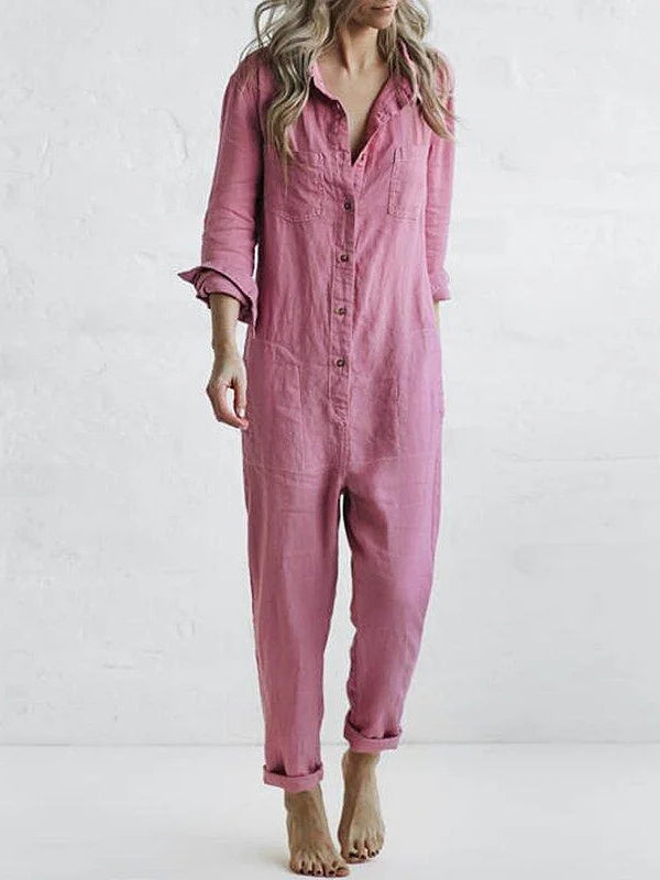 Knopen Casual Revers Zak Lange Mouwen Jumpsuit