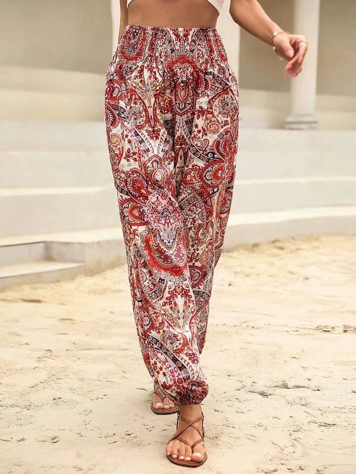 Dames Harem Broeken Bohemian Olifantenprint Loose Fit Elastische Taille Ademend Katoen