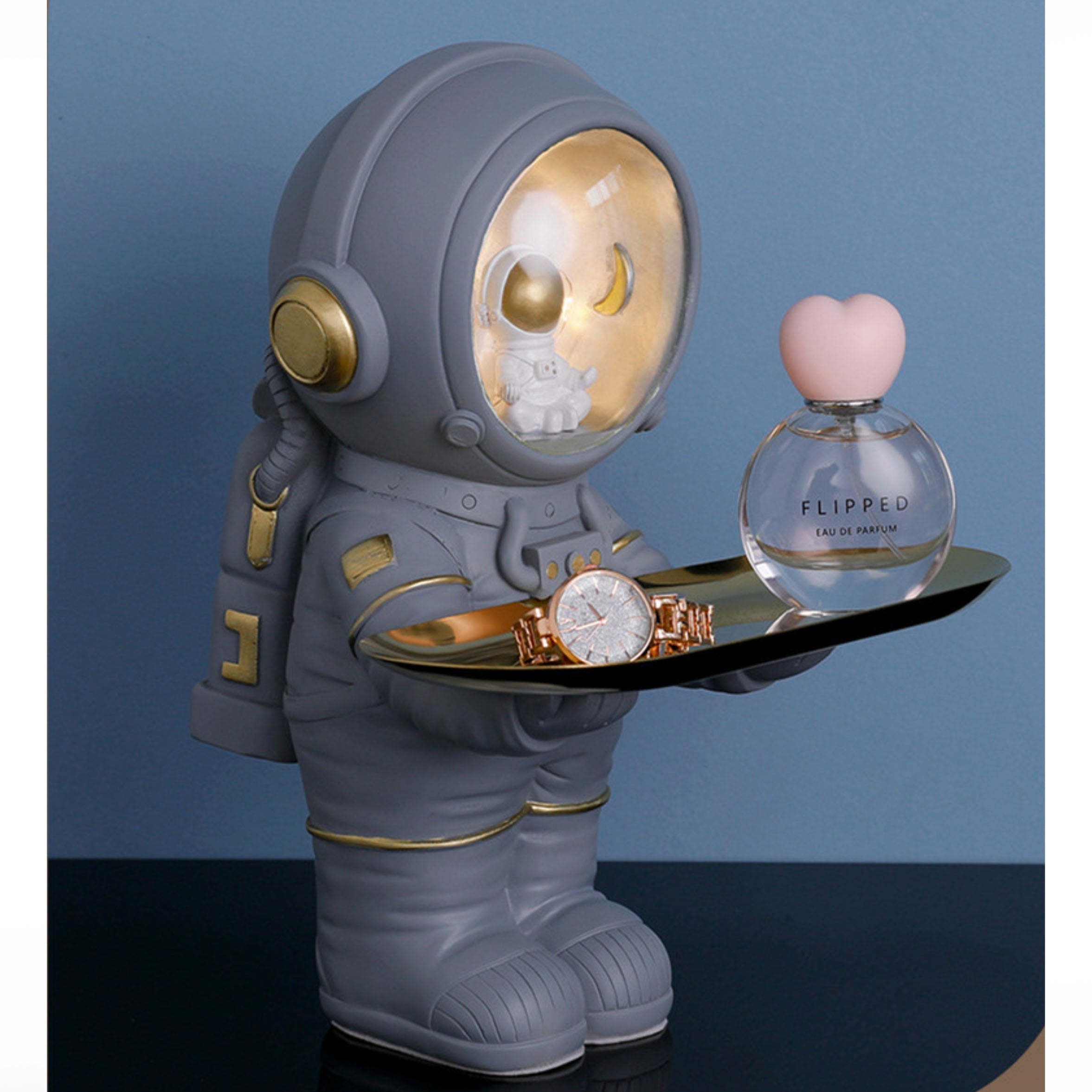 Astronautenlamp met Opbergbak – Ruimtebesparende Decoratie in Wit en Grijs voor Woonkamer en Bureau