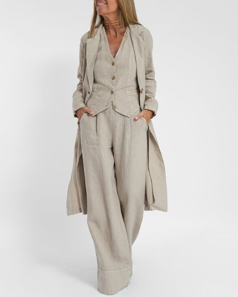 Elegante 2-Delige Set Linnen Wijde Broek En Vest Voor Dames