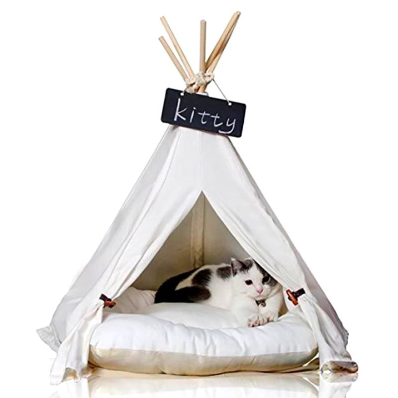 Witte canvas kattentipi met zacht kattenbedkussen