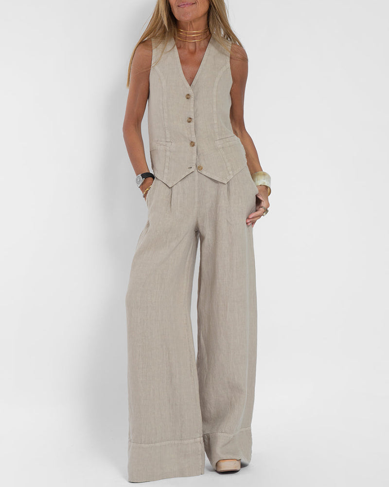 Elegante 2-Delige Set Linnen Wijde Broek En Vest Voor Dames