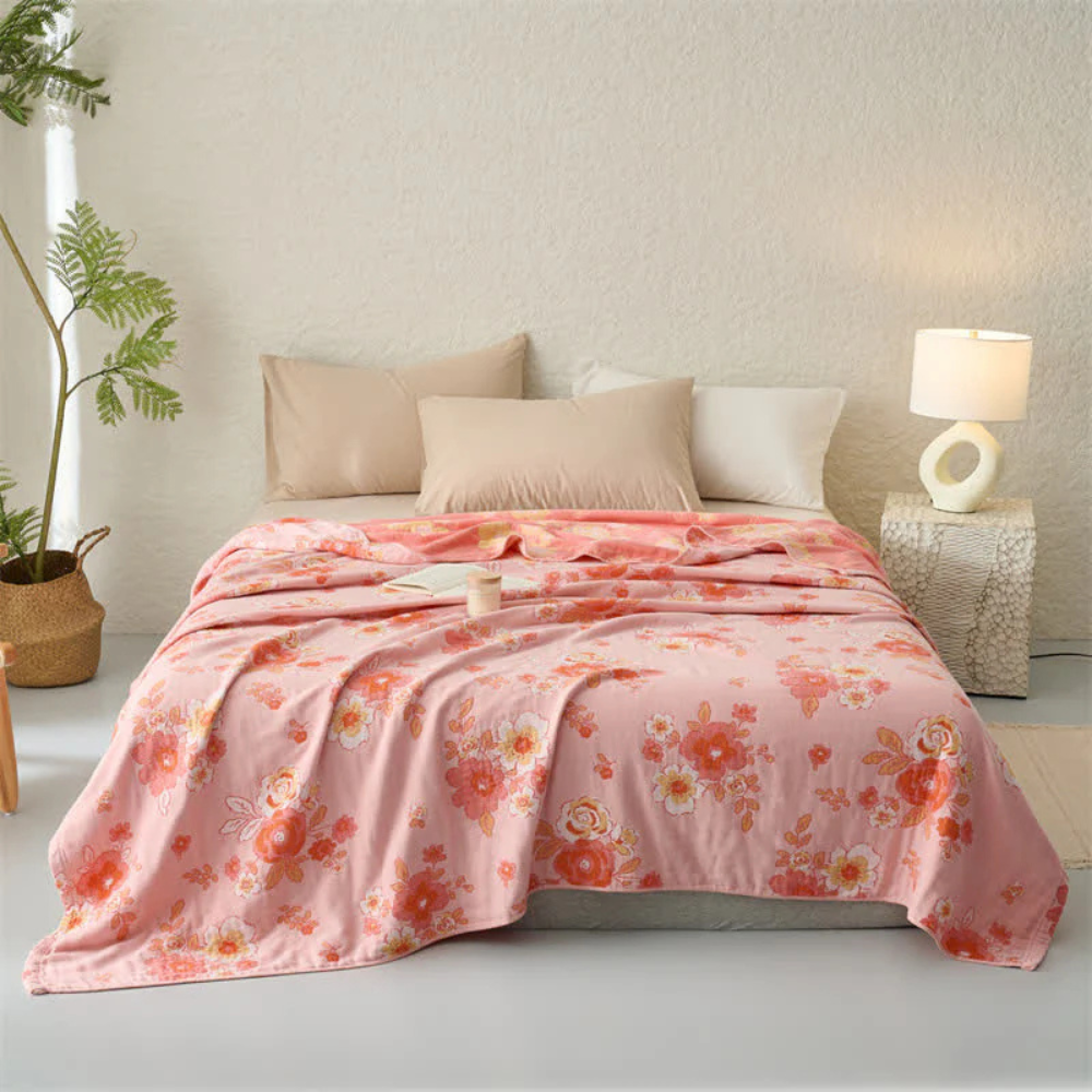 Blush Katoenen Gazen Bloemen Deken