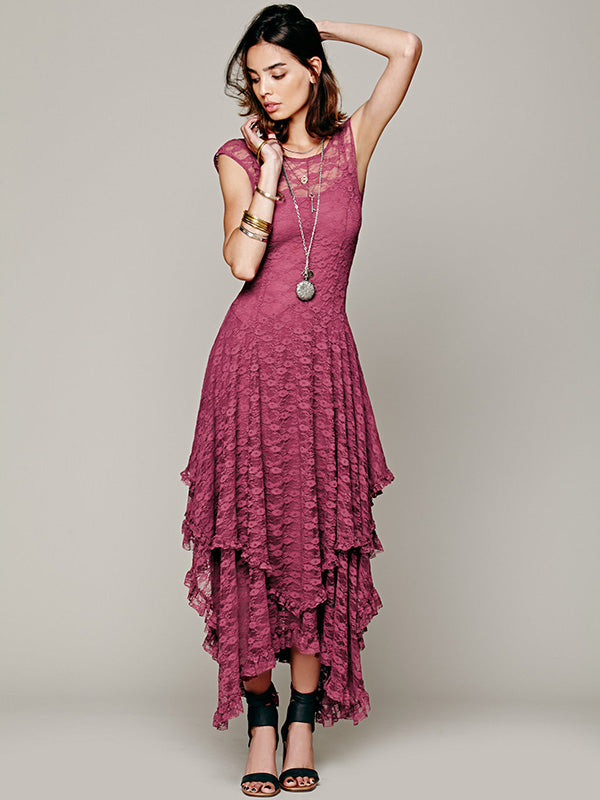 Franse Romantische Ongelijke Zoom Kant Maxi Jurk