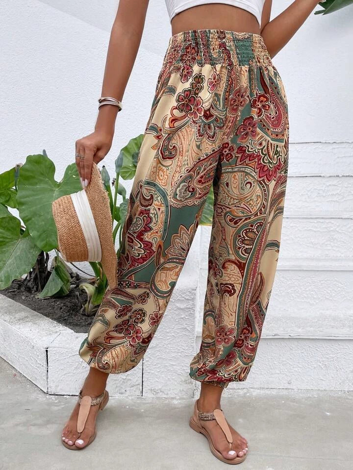 Dames Harem Broeken Bohemian Olifantenprint Loose Fit Elastische Taille Ademend Katoen