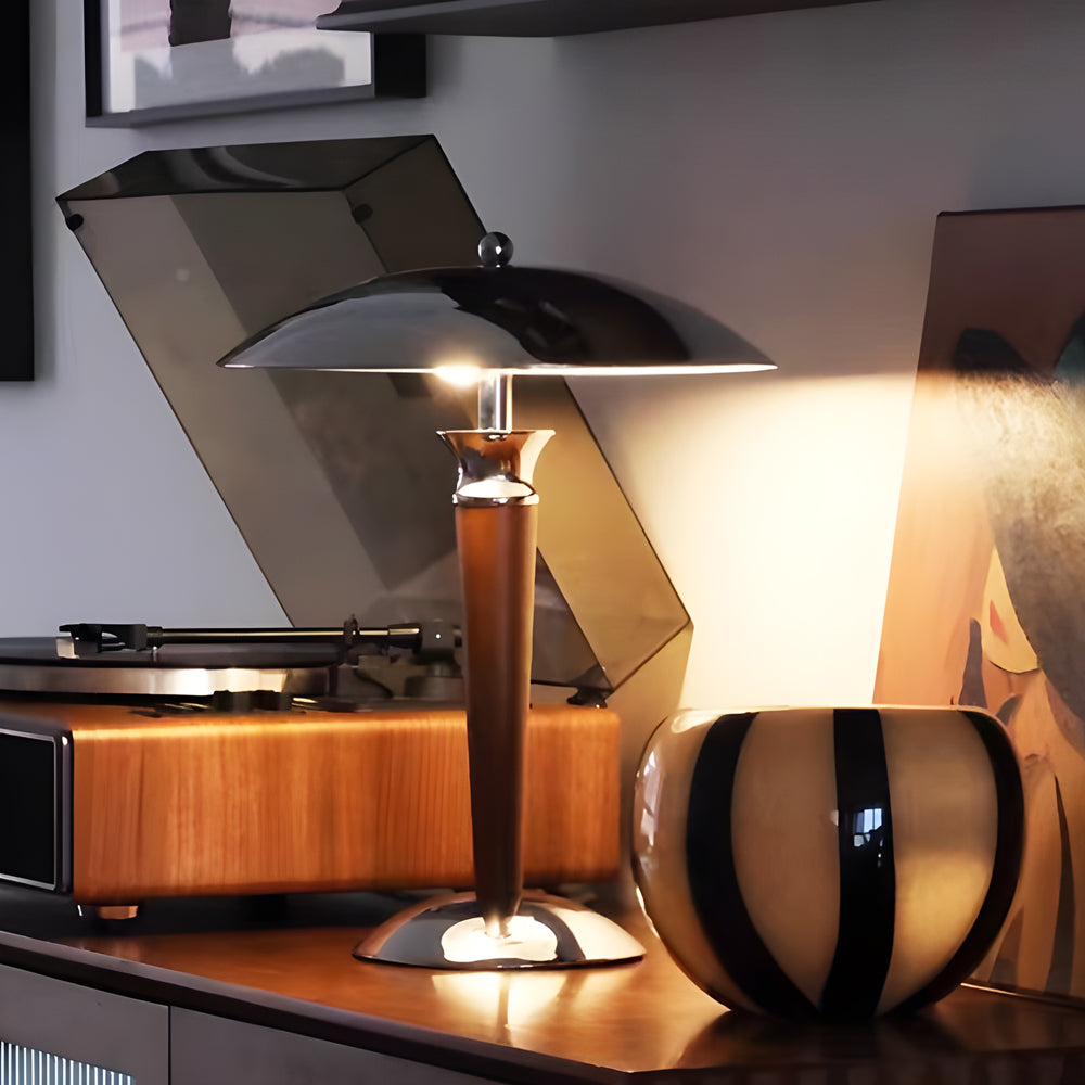 Vintara I Retro Paddenstoel Tafellamp – Chroom en Hout met Dimmer