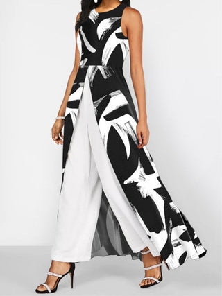 Patchwork Crew Neck Mouwloze Jumpsuit