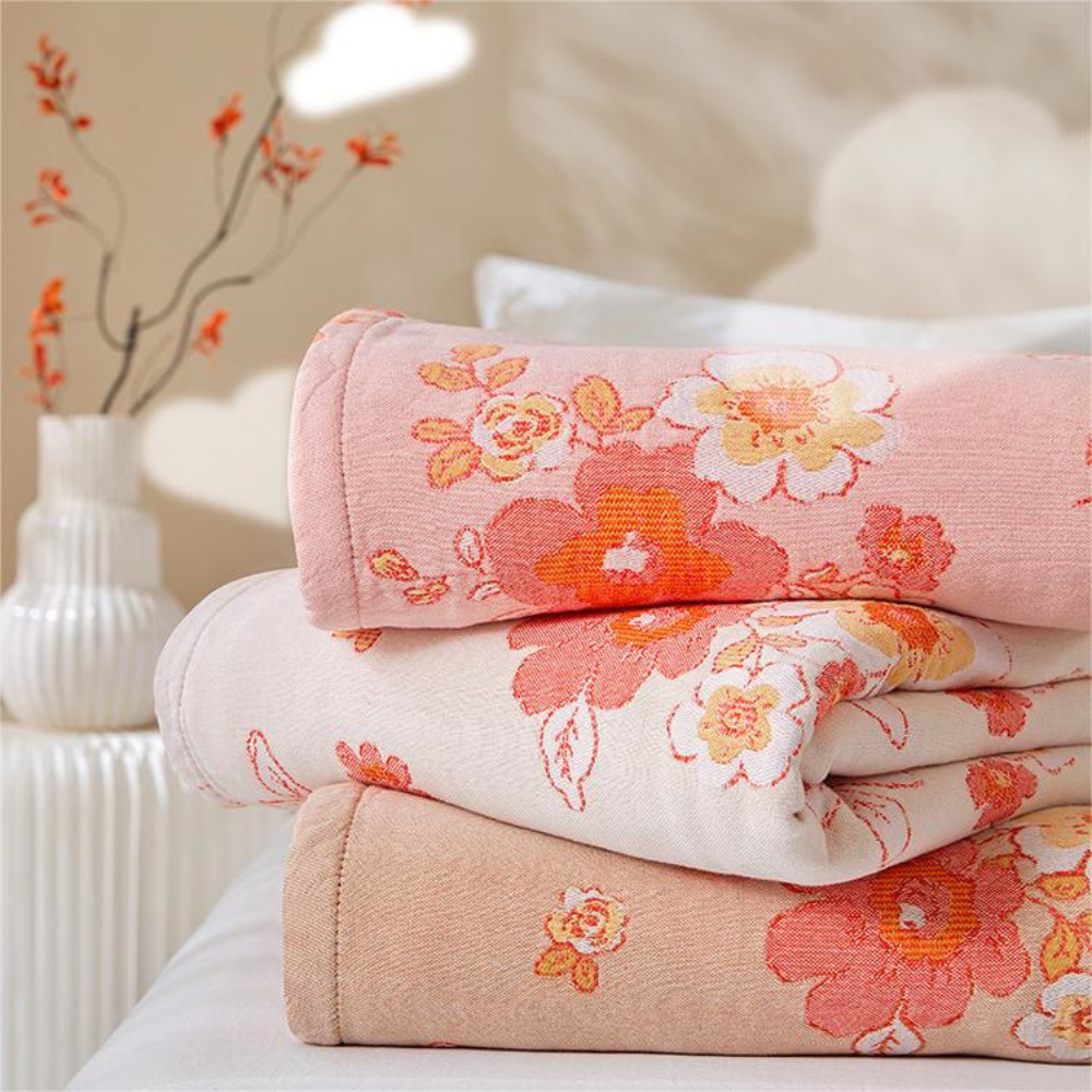 Blush Katoenen Gazen Bloemen Deken