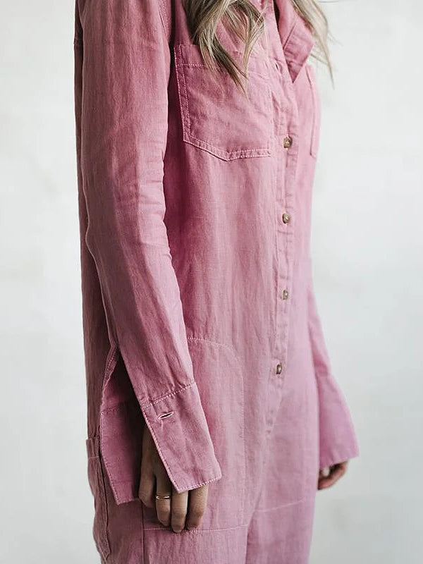 Knopen Casual Revers Zak Lange Mouwen Jumpsuit