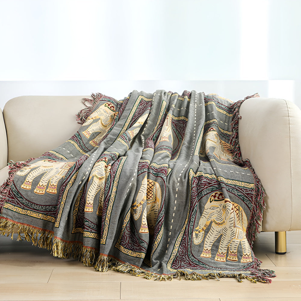 Bohemian Olifant Print Tassel Deken