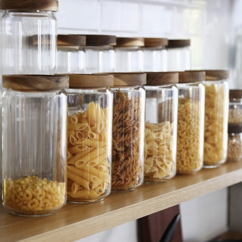 Glazen Voedselopslagpotten van Borosilicaatglas met Acaciahouten Deksels – Stapelbare Keukencontainers voor Gedroogde Voedingsmiddelen