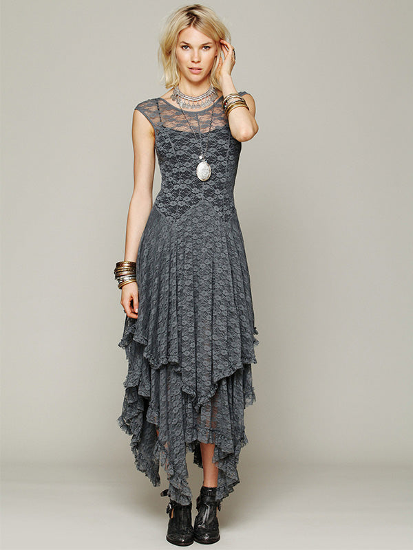 Franse Romantische Ongelijke Zoom Kant Maxi Jurk