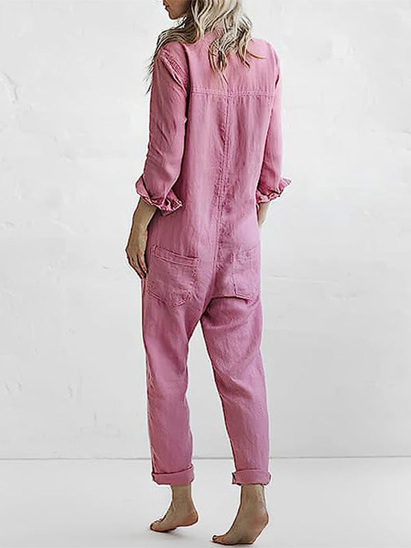 Knopen Casual Revers Zak Lange Mouwen Jumpsuit