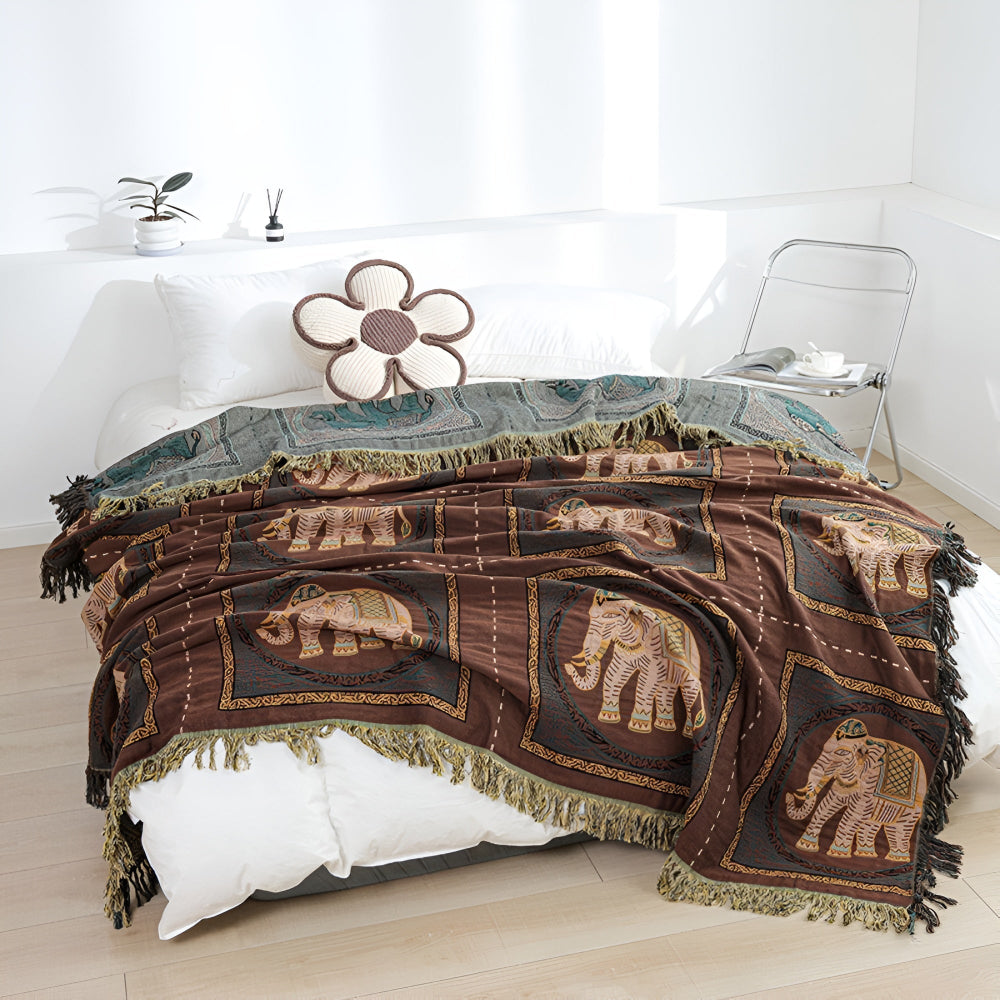 Bohemian Olifant Print Tassel Deken
