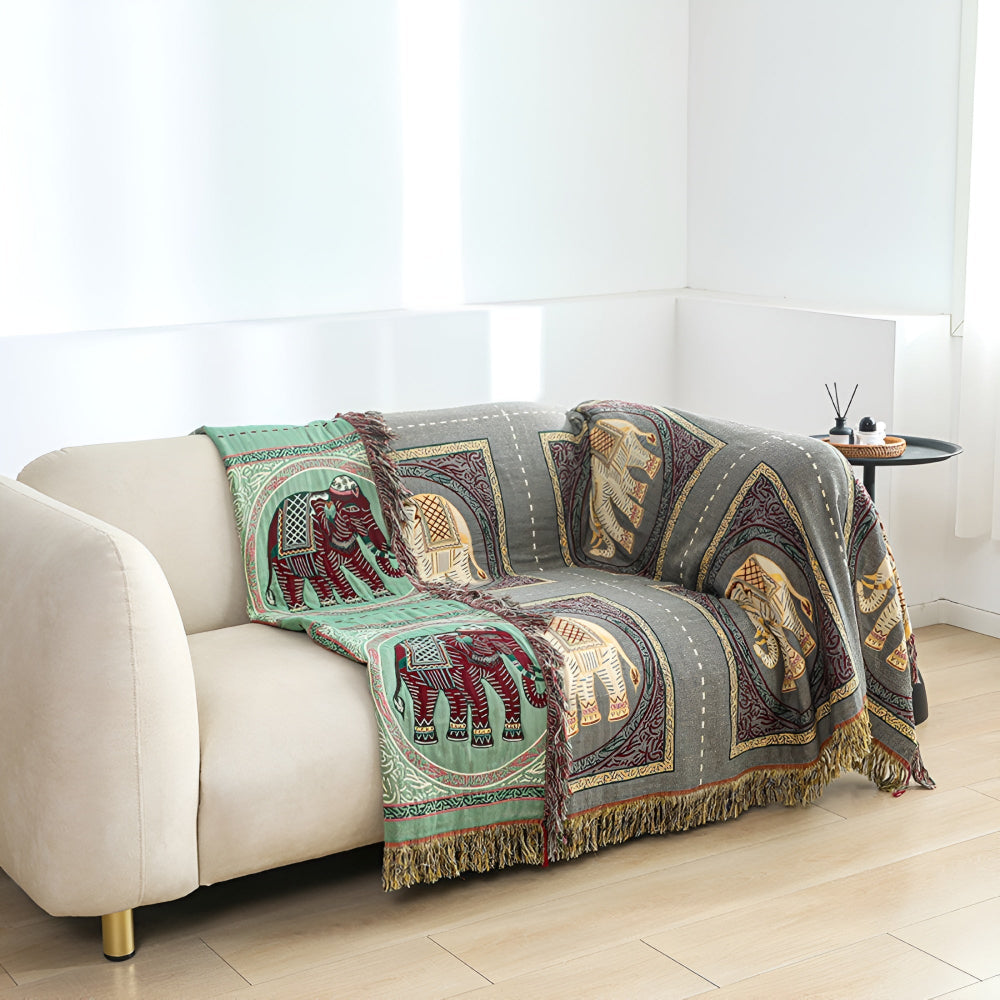 Bohemian Olifant Print Tassel Deken