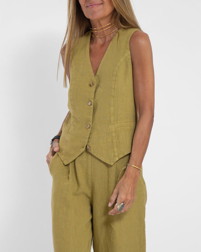 Elegante 2-Delige Set Linnen Wijde Broek En Vest Voor Dames