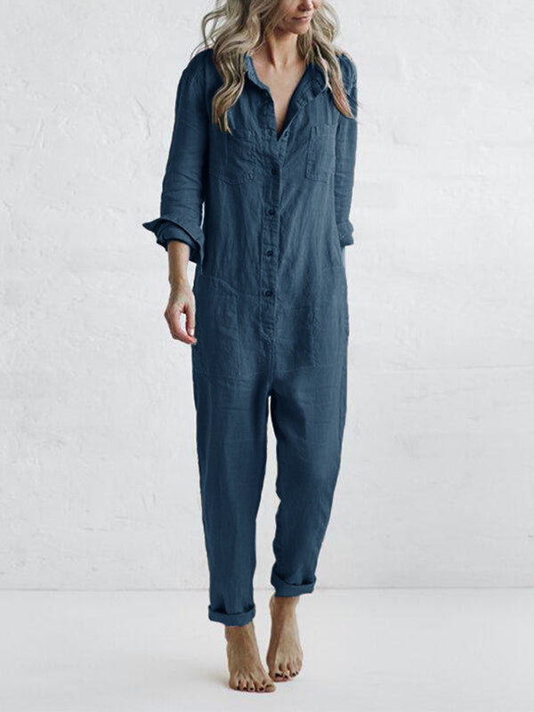 Knopen Casual Revers Zak Lange Mouwen Jumpsuit