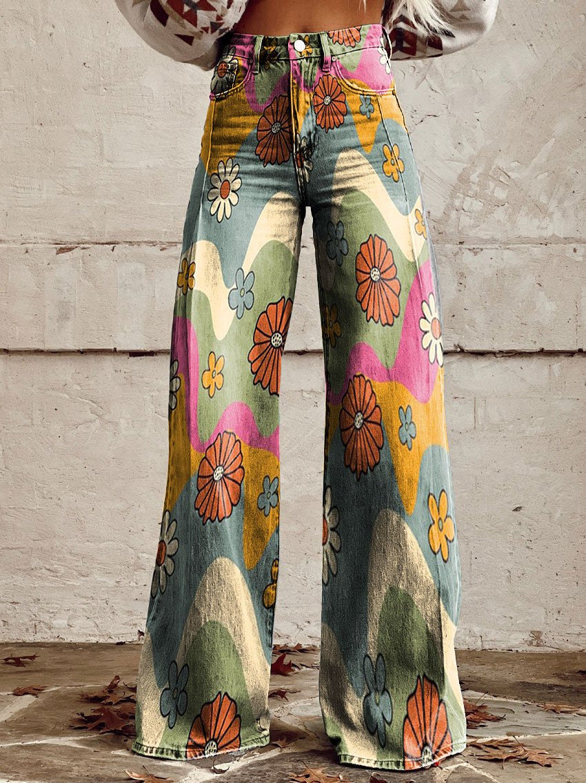 Ēden - Vintage Broek met Wijde Pijpen en Trendy Print